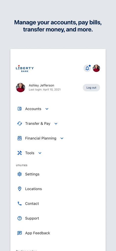 Liberty Bank CT - A screenshot of the Liberty Bank CT mobile app main menu interface showing account management options, financial planning, and utility settings for a logged-in user.