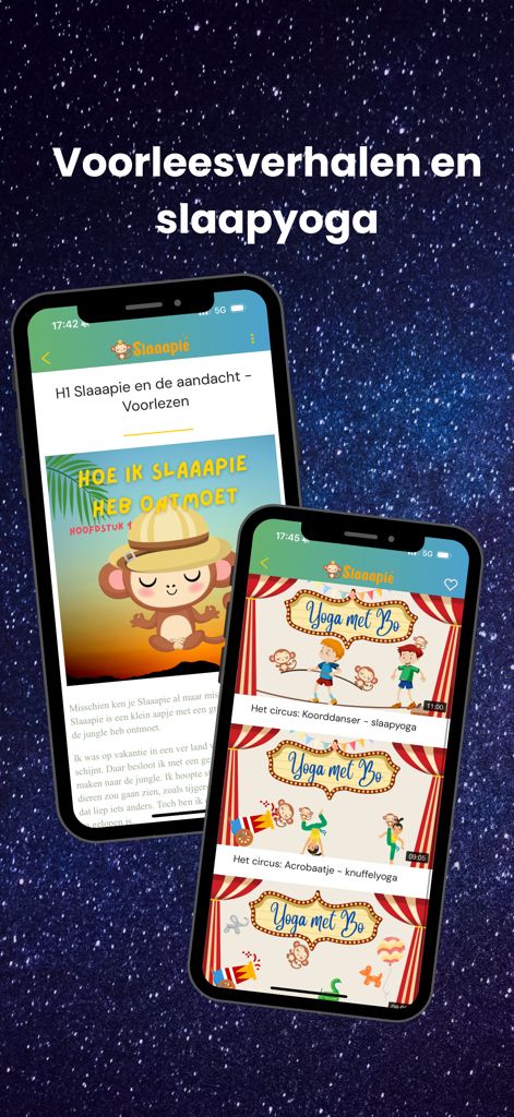 Slaaapie - slaaphulp voor kids - A screenshot of the Slaaapie app showing bedtime stories and kids sleep yoga features on two smartphones with a starry background