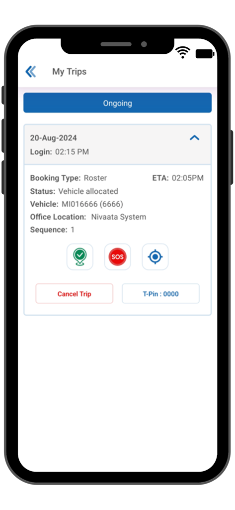 Routematic - Ongoing commute details on the Routematic app displaying vehicle allocation and trip information