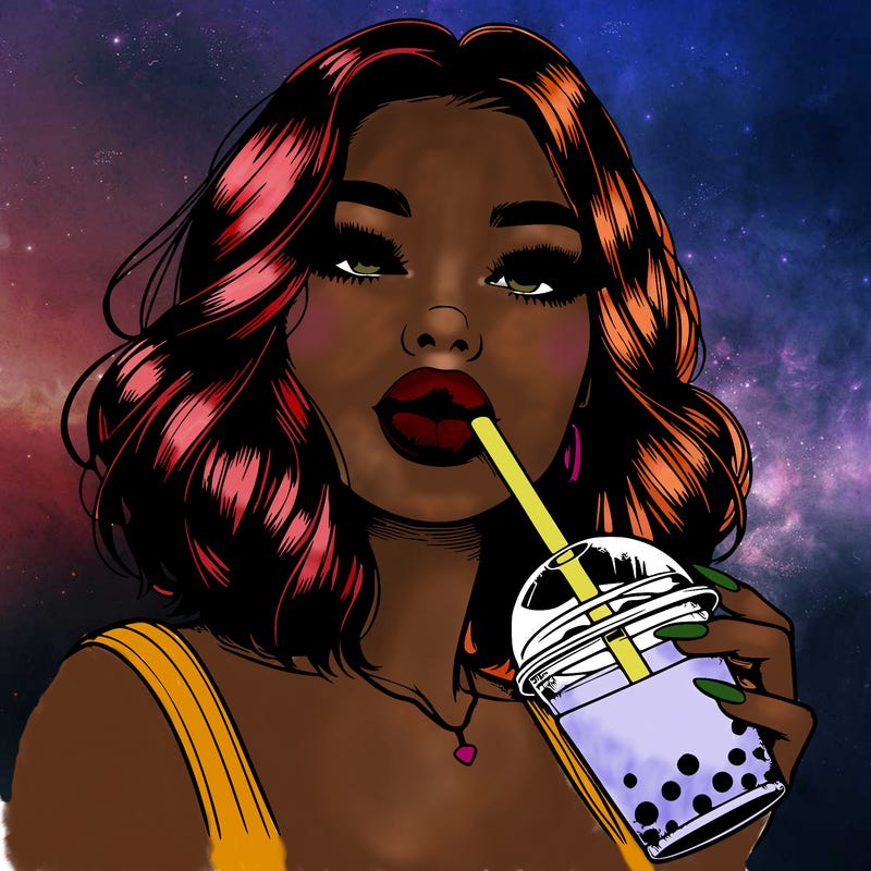 realistic girl with glossy lips holding boba