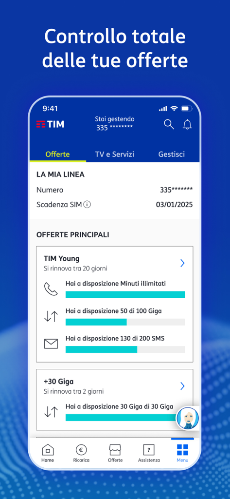 MyTIM app interface displaying mobile plan offers and data usage tracking