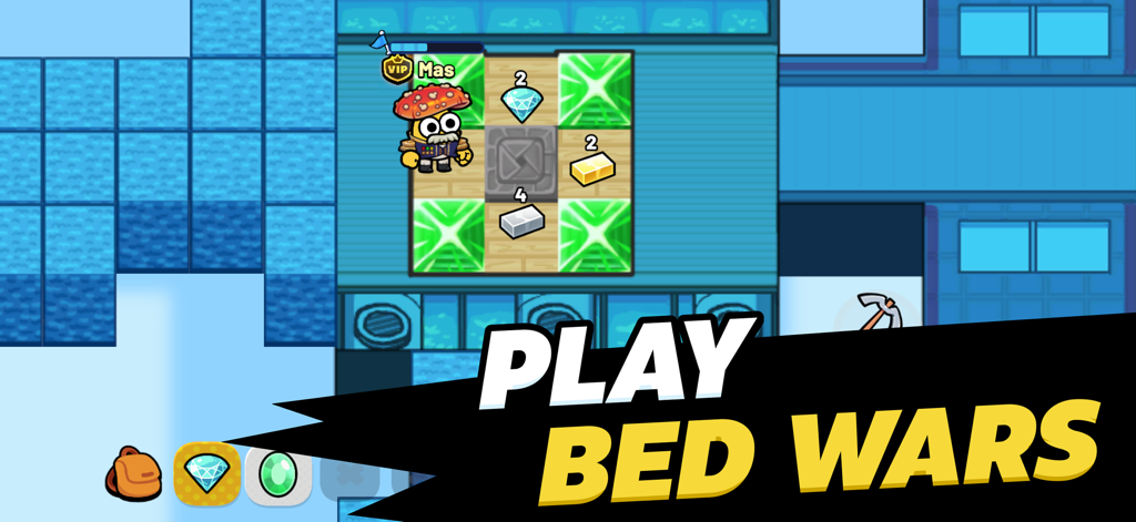 All Out: Play with Friends - A character with a mushroom hat playing the Bed Wars game mode in the All Out app