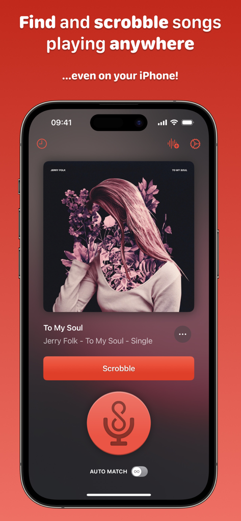 Interfaz de la app AirScrobble en un iPhone que muestra una canción identificada con un botón para registrarla en Last.fm.