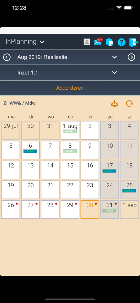 InPlanning App - Interface of the InPlanning app showing a monthly shift schedule calendar for employee work hours