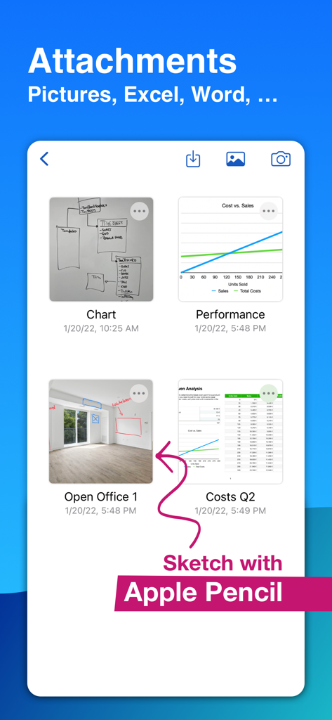MinuteTaker - Meeting Notes - MinuteTaker app interface showing meeting note attachments and Apple Pencil sketches on photos.