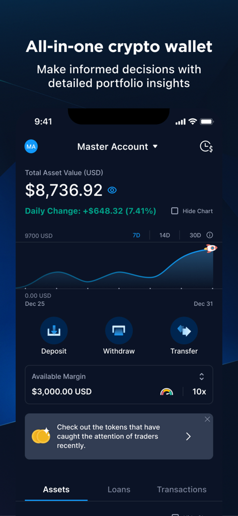 Crypto.com Exchange - Dashboard mobile di Crypto.com Exchange che mostra gli asset dell'account principale e le prestazioni del portafoglio.