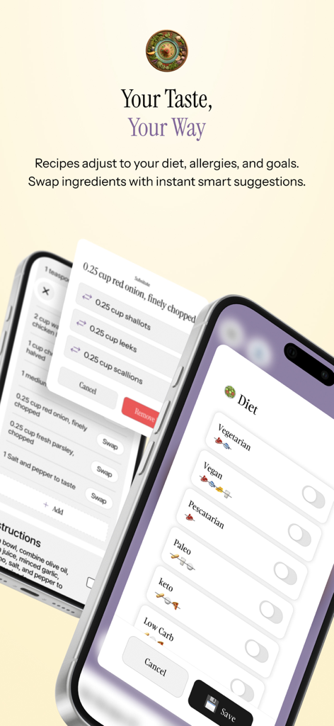 Recipe Roulette - Recipe Roulette app interface showing dietary preference settings and the smart ingredient substitution feature