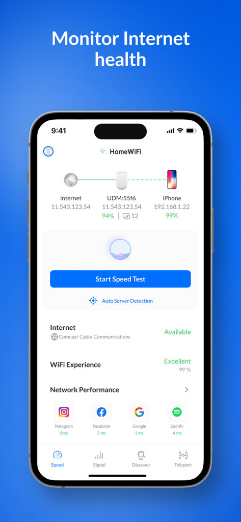 Ubiquiti WiFiman - Tableau de bord Ubiquiti WiFiman montrant l'état de santé de l'Internet, la topologie du réseau et les métriques de latence de l'application