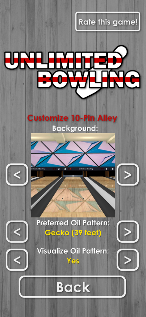 Unlimited Bowling - Customization screen for Unlimited Bowling showing options for alley backgrounds and preferred oil patterns like Gecko