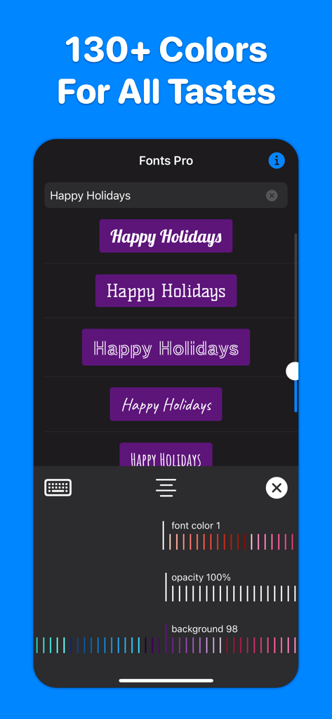 Fonts for Stories and Chats - App interface showing color and opacity customization for stylish social media fonts
