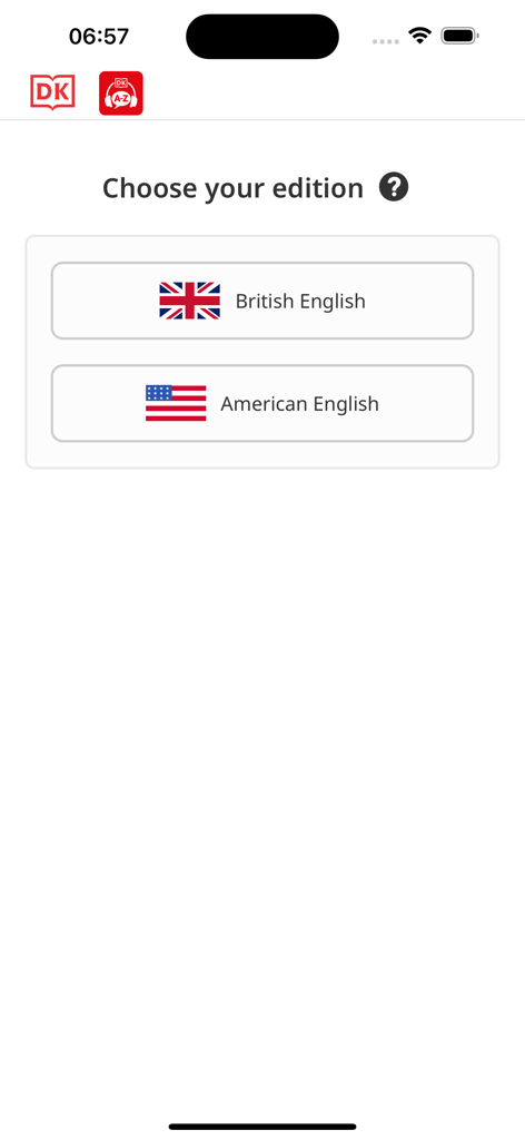 DK Bilingual Visual Dictionary - Selection screen for British and American English editions in the DK app