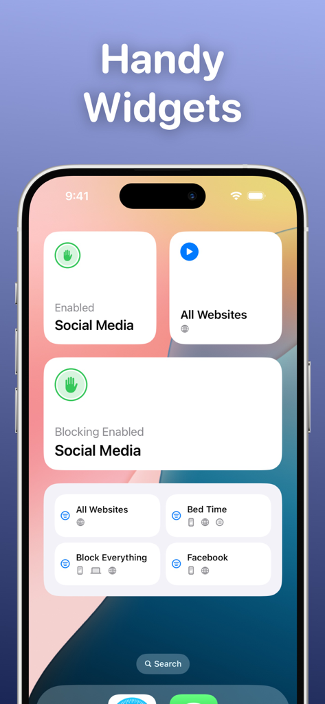 Ochi: Block Websites & Apps - iPhone home screen displaying various Ochi app widgets for blocking social media and websites