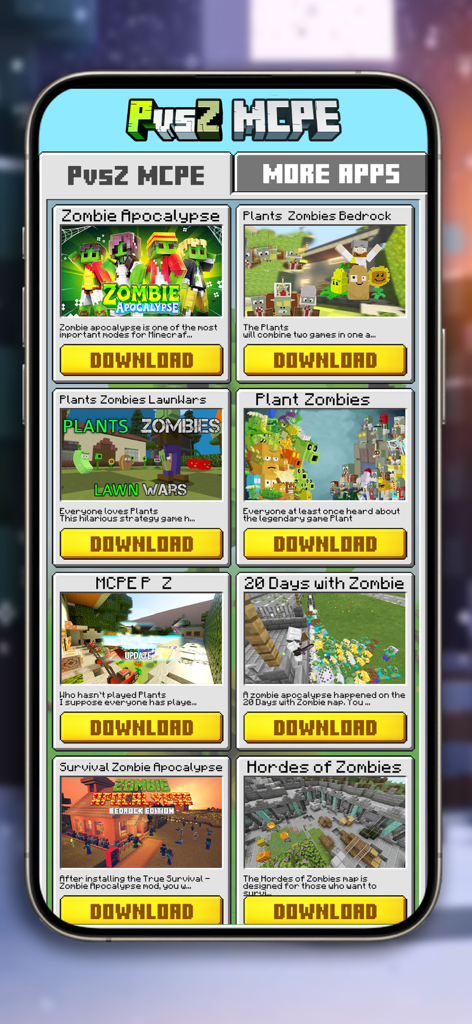Plants & Zombies Mods & Skins - A menu showing various Plants vs Zombies mods and survival maps for Minecraft PE with download buttons