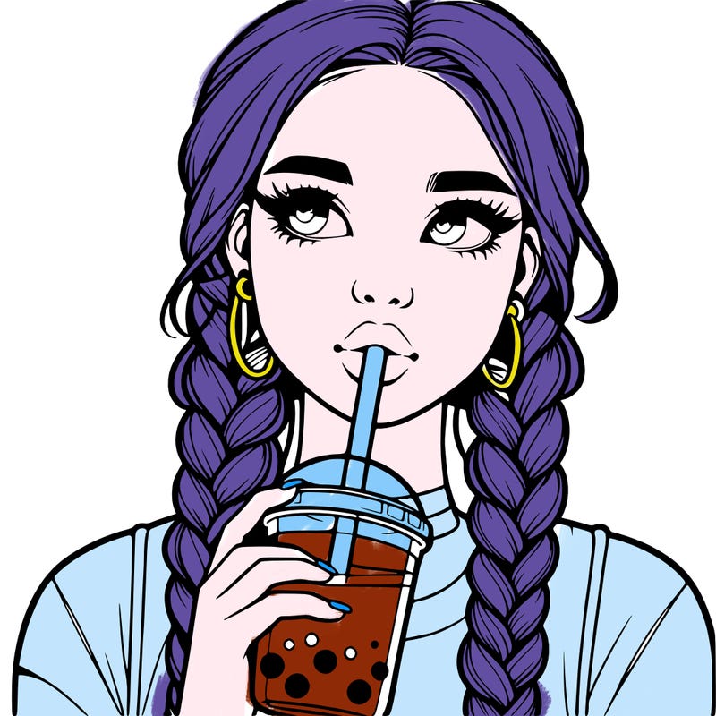 realistic girl with braided hair drinking boba