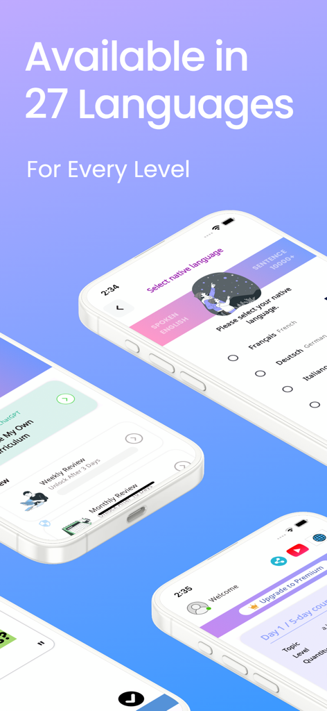 Spoken English Sentence 10000+ - App display showcasing English sentence learning available in 27 native languages for all levels.