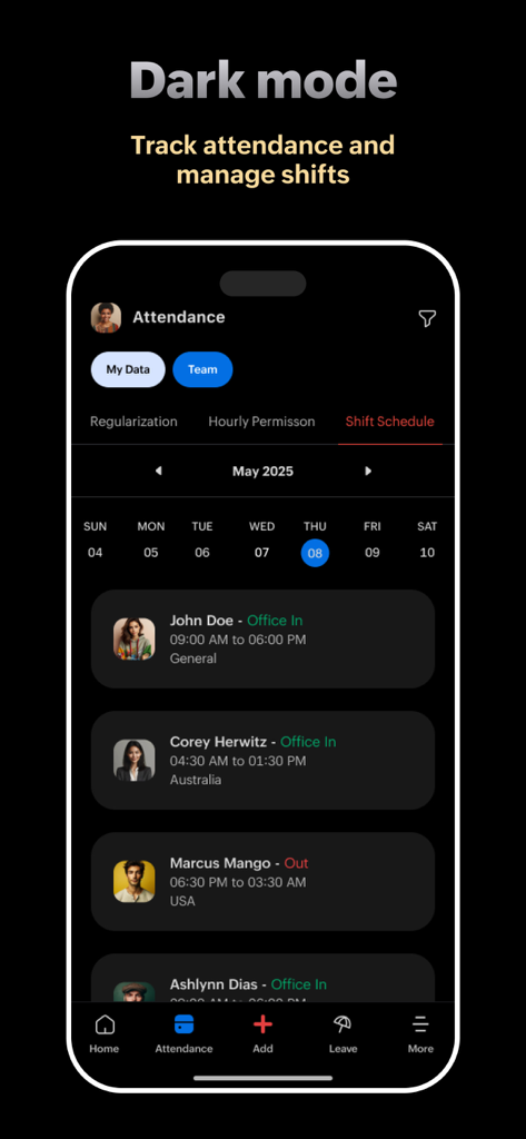 Zoho People app attendance and shift schedule interface in dark mode showing team work status