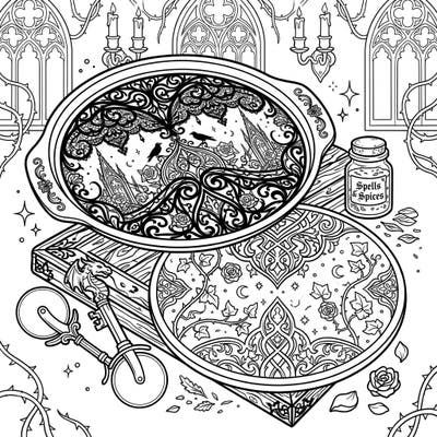 Prepare for a truly unique coloring experience with this Gothic pizza pans template. Dive into a world where culinary tools meet dark romance, featuring intricate lace, mysterious spices, and enchanting details.