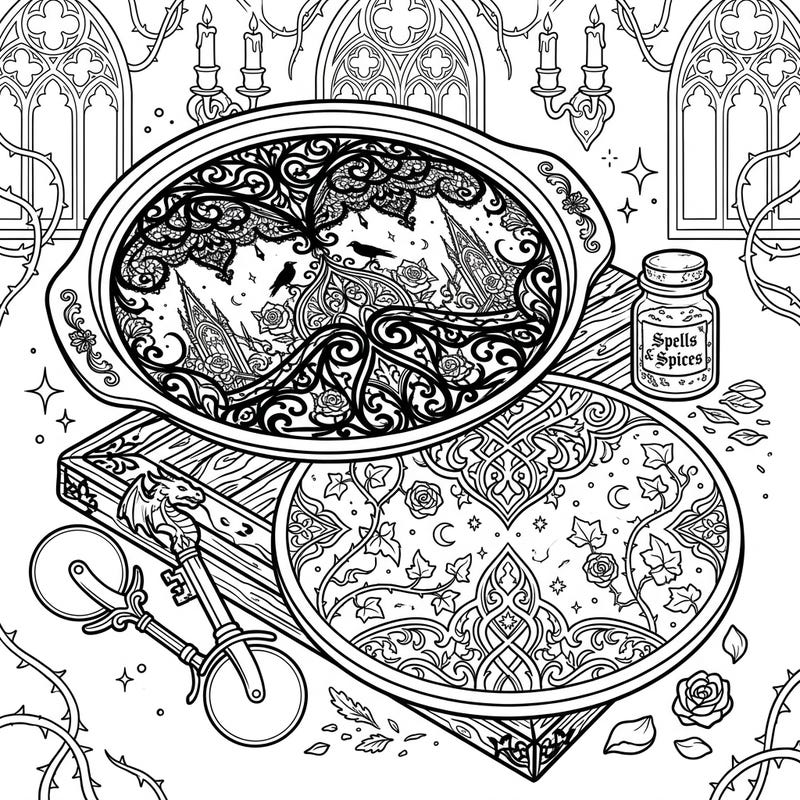 Prepare for a truly unique coloring experience with this Gothic pizza pans template. Dive into a world where culinary tools meet dark romance, featuring intricate lace, mysterious spices, and enchanting details.