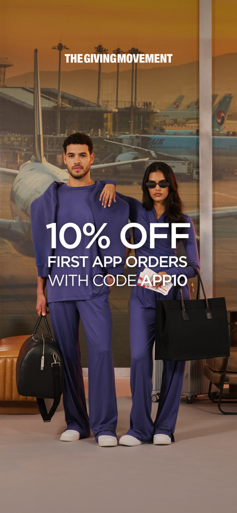 Two models wearing purple matching sets at an airport with a ten percent discount code for first app orders