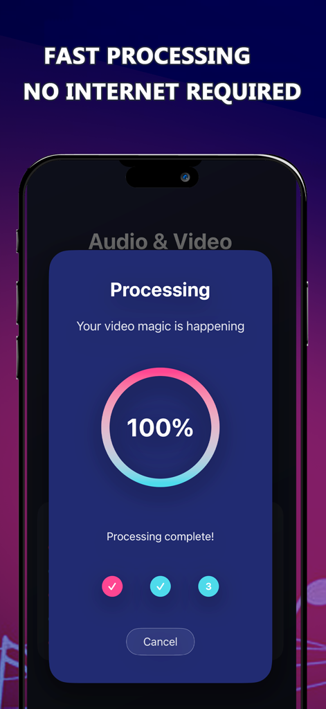 Music Remover - Vid Splitter - Music Remover app showing a completed processing screen for video to audio extraction.