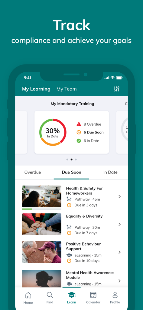 Access Learning - Access Learning mobile app interface showing mandatory training compliance tracker and a list of professional development courses.