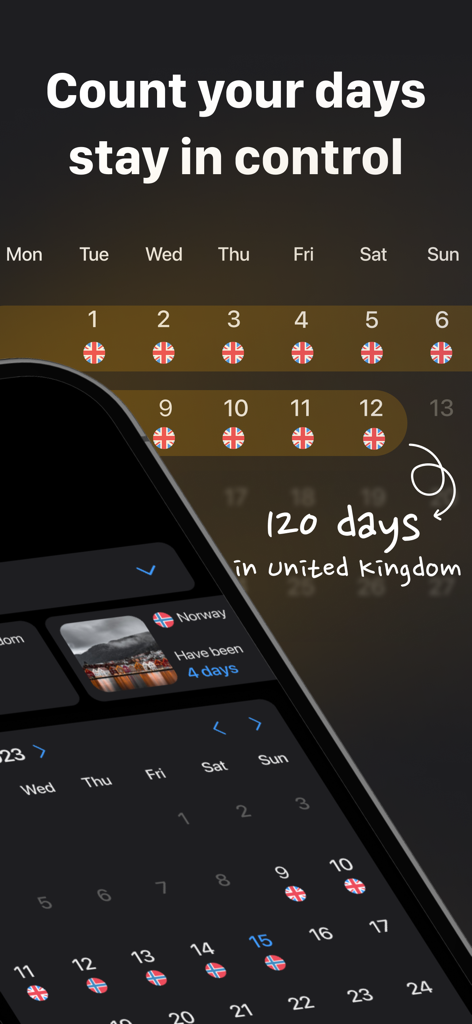Voygo - Country Days Tracker - Voygo app screenshot showing calendar view tracking days spent in the United Kingdom and Norway