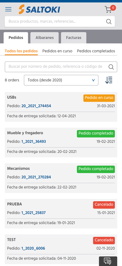 Pantalla de historial de pedidos y seguimiento de estado dentro de la aplicación profesional para contratistas Saltoki Online 2.0