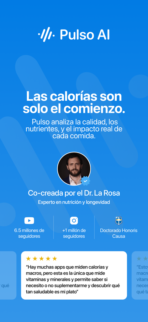Pulso AI: Nutrición Saludable - Pulso AI nutrition app interface featuring Dr. La Rosa and scientific health analysis for meals