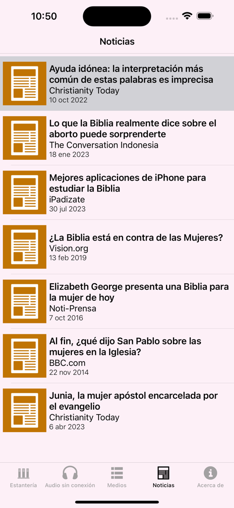 Biblia para las Mujeres audio - Sección de noticias de la aplicación Biblia para las Mujeres con artículos sobre teología y fe