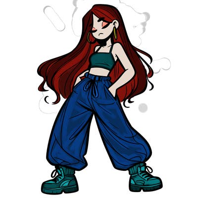 girl in baggy pants crop top and long hair