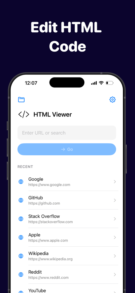 Html editor: html viewer - Interface principal do aplicativo Visualizador HTML no iPhone mostrando uma barra de pesquisa e uma lista de sites visitados recentemente