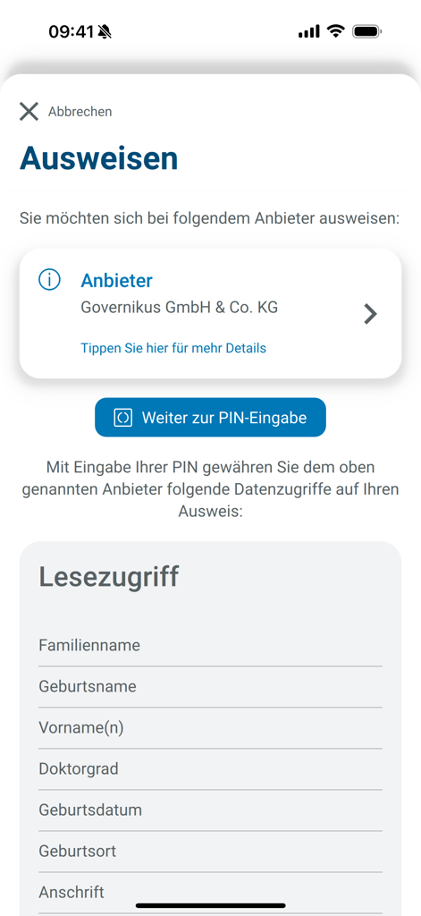 German AusweisApp Bund mobile interface showing an identification request with a list of personal data fields for read access such as name and address