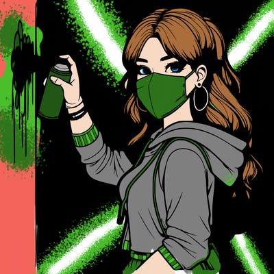 realistic girl with mask spray painting a wall