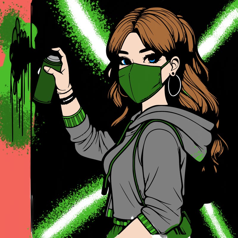 realistic girl with mask spray painting a wall