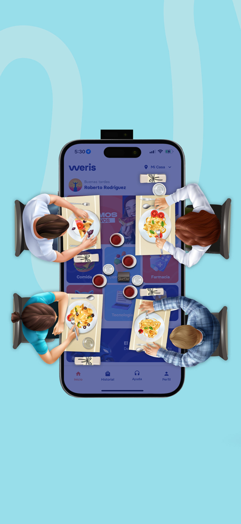 Four people sharing a meal around a smartphone showing the Weris app home screen