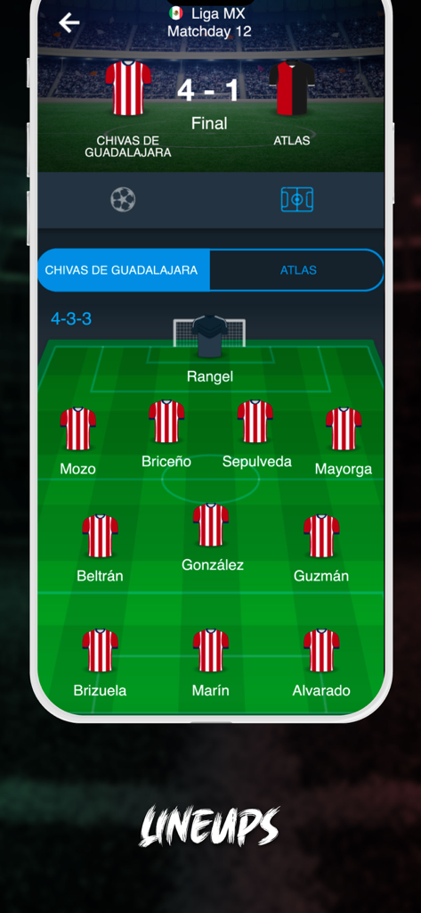 Lineup and formation screen for a Liga MX match between Chivas and Atlas.