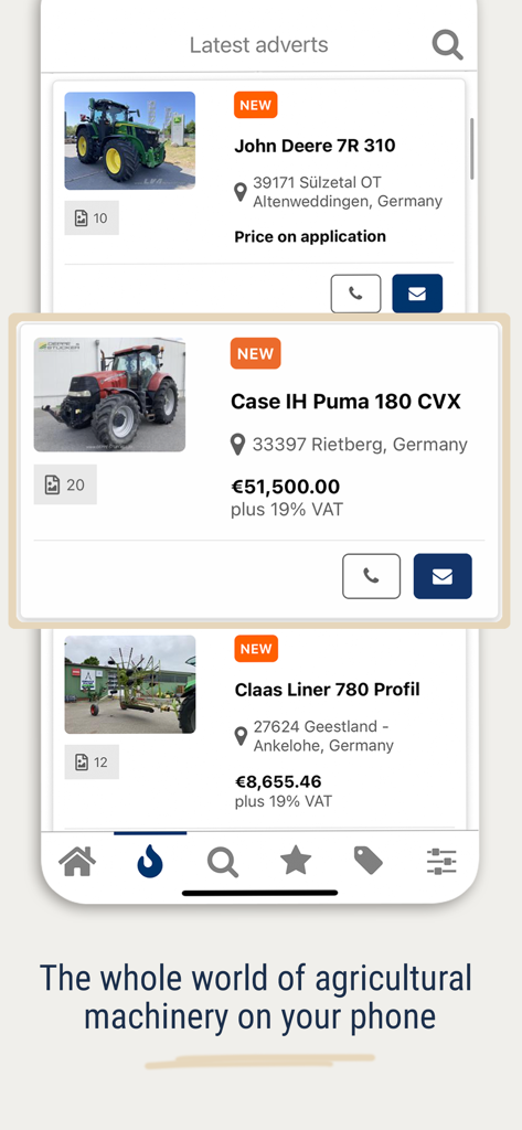 tractorpool - Una interfaz de aplicación móvil de tractorpool que muestra anuncios de maquinaria agrícola usada como tractores con precios y detalles de ubicación