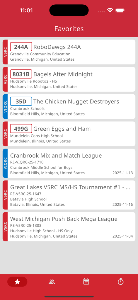 VEX via - Favorites screen in VEX via app showing a list of followed robotics teams and competition events.