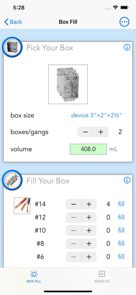 Oberfläche der E-Calc Journeyman-App mit einem Rechner für die Kastenfüllung zur Bestimmung von Kabelgrößen und Volumen.