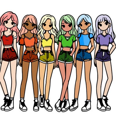 a group of girls wearing crop tops and shorts
