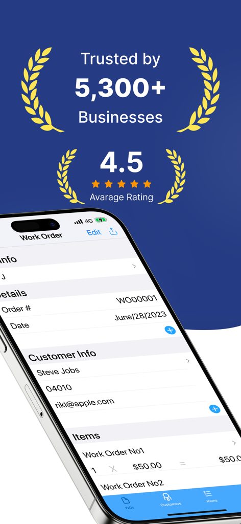 Work Order Maker app showing a 4.5 star rating and mobile work order details screen