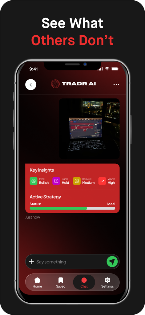 Tradr AI - Trading Bot - Smartphone screen displaying Tradr AI app chat interface with stock market indicators and key insights.