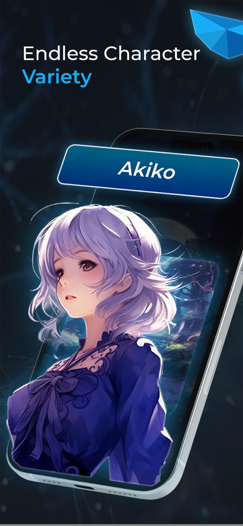 Layla - A smartphone displaying an anime-style character named Akiko with the text Endless Character Variety for the Layla AI app.