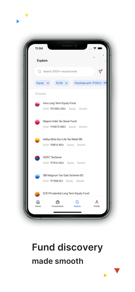 Coin by Zerodha app interface showing a list of mutual funds and search filters