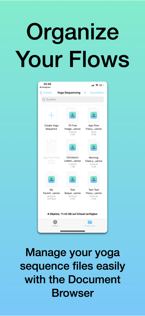 Yoga Sequencing app interface showing the document browser for organizing yoga class flows
