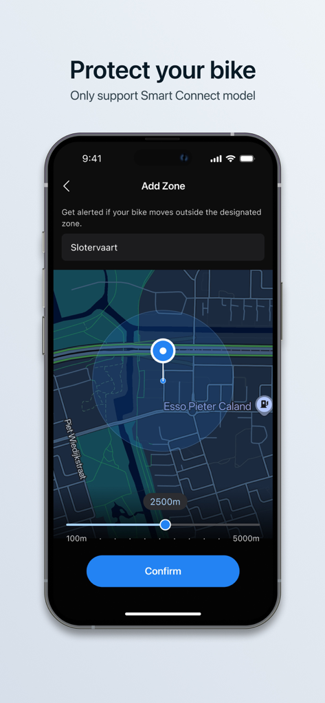 Tenways - Die Tenways App-Oberfläche zeigt eine Karte, die zum Einrichten einer Bewegungsalarmzone für die Fahrradsicherheit verwendet wird