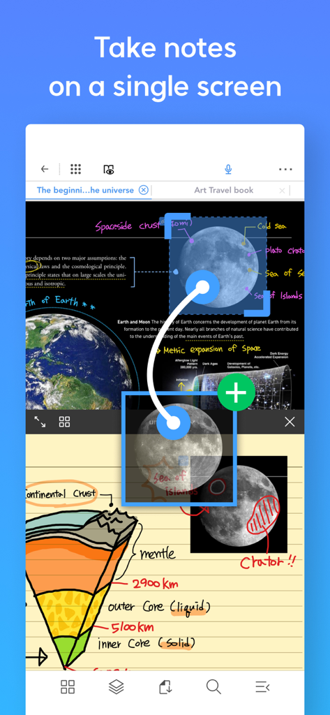 Flexcil app interface showing split-screen multitasking with a PDF document and a digital handwritten notebook.