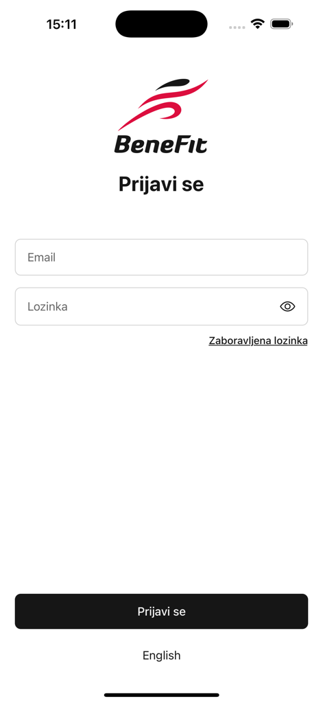 Interfaccia di accesso dell'app BeneFit plus con campi email e password