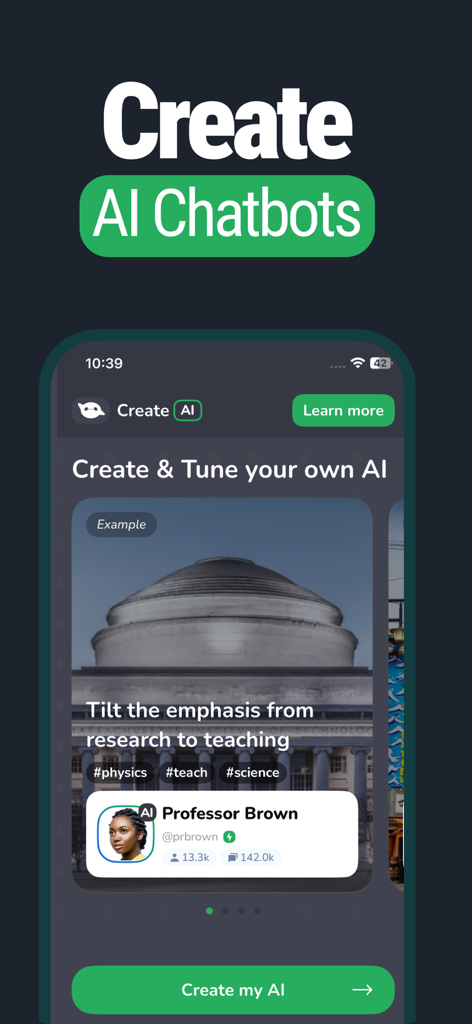 GoatChat - AI Chatbot - A screenshot of the GoatChat app interface showing a feature to create and tune personal AI chatbots like a physics professor.