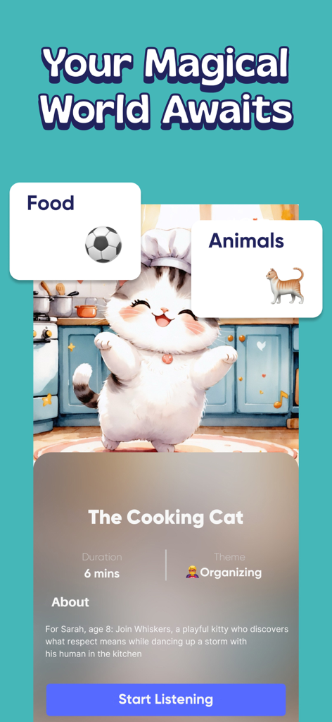 Boon - Stories for Kids - Boonアプリのインターフェース。6分間の子供向けパーソナライズオーディオストーリー「The Cooking Cat」が表示されています。